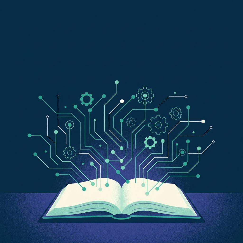 攤開的書頁上長出發光的電路與節點
