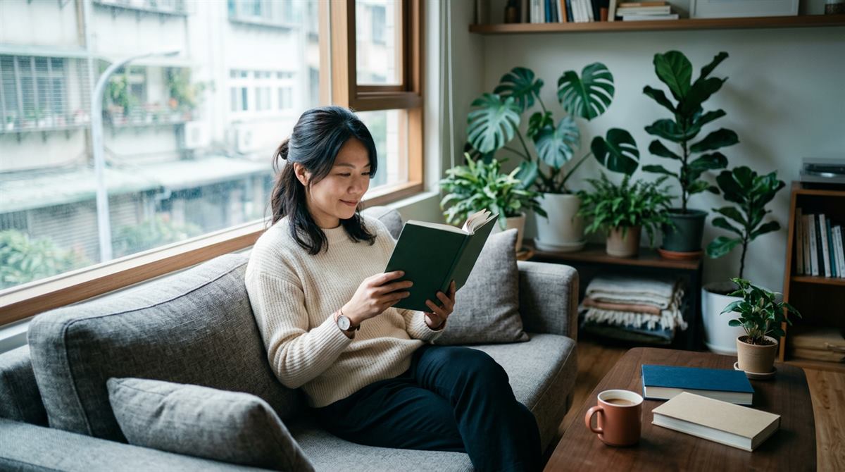 一位女性在窗邊沙發上讀書，桌上放著馬克杯與兩本書