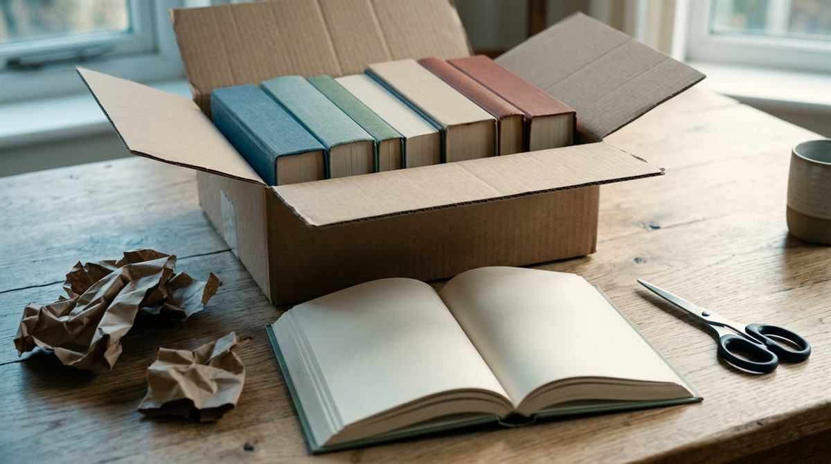 木桌上剛拆開的紙箱，裡面立著五本精裝書，前面攤開一本